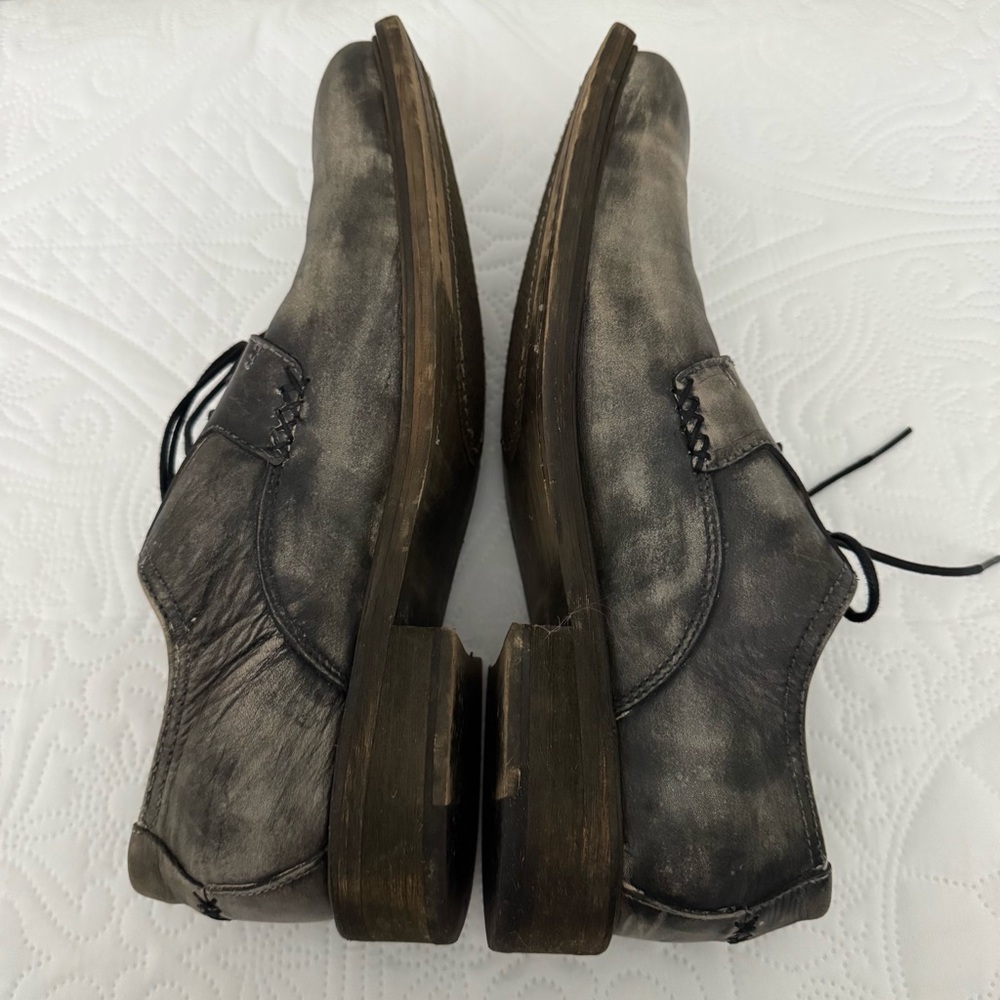 John Fluevog Grant Leather Derby Shoes Washed Black Distressed Finish Size 11 - Picture 7 of 15